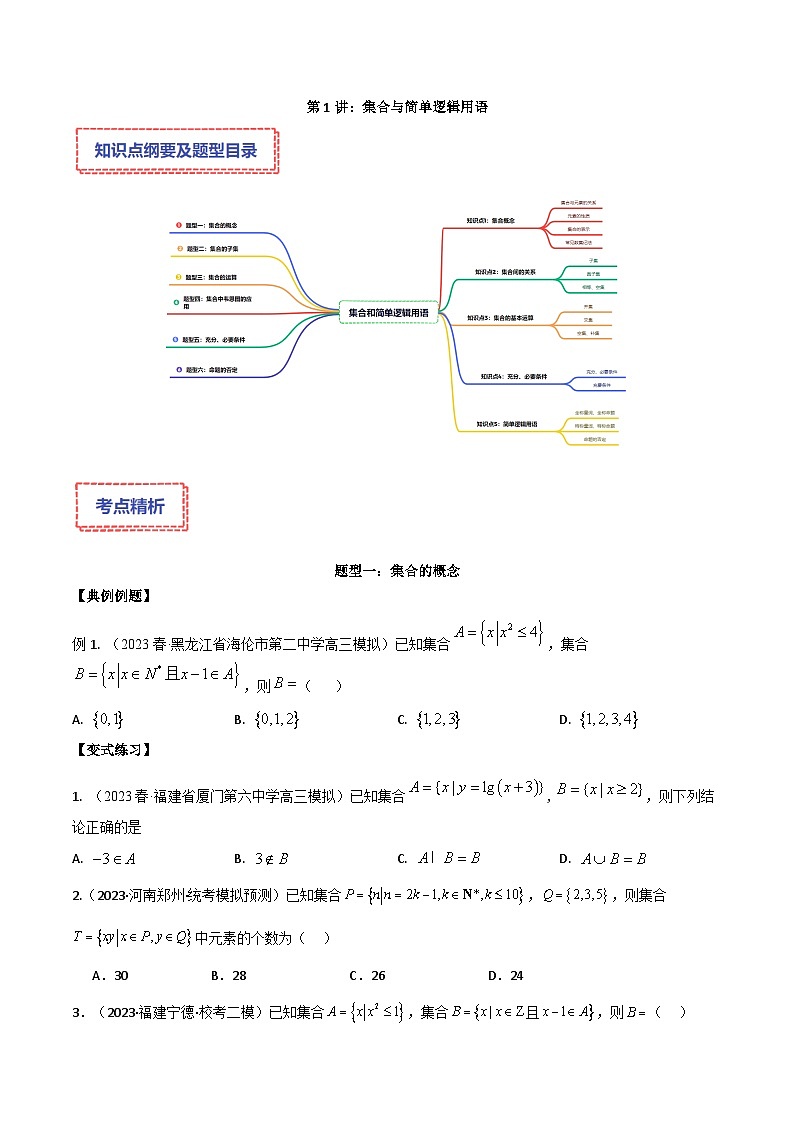 新高考数学二轮复习讲义专题01：集合与简单逻辑用语（原卷版）第1页
