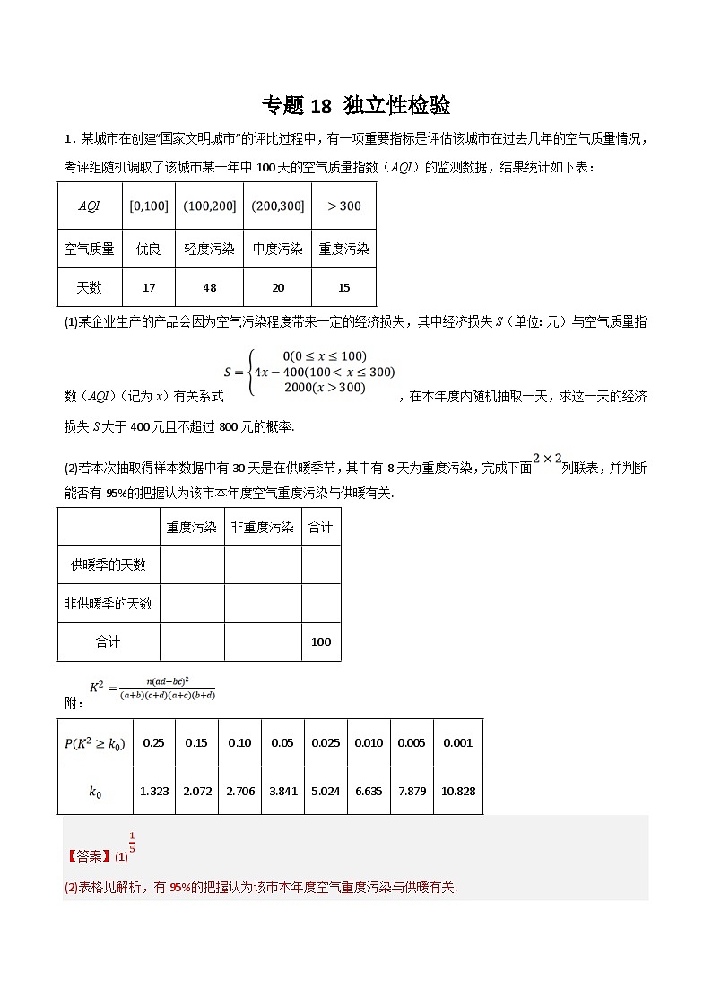 新高考数学二轮复习大题题型归纳训练专题18 独立性检验（解析版）第1页