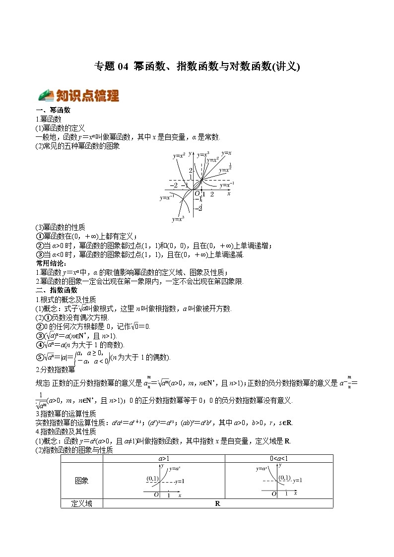 (上海专用)新高考数学一轮复习讲练测专题04 幂函数、指数函数与对数函数(讲义)（原卷版）第1页