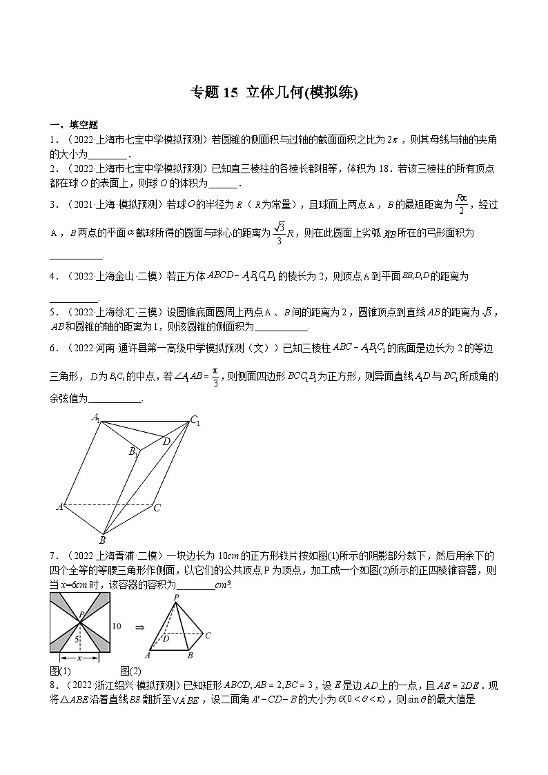 (上海专用)新高考数学一轮复习讲练测专题15 立体几何(模拟练)（原卷版）第1页