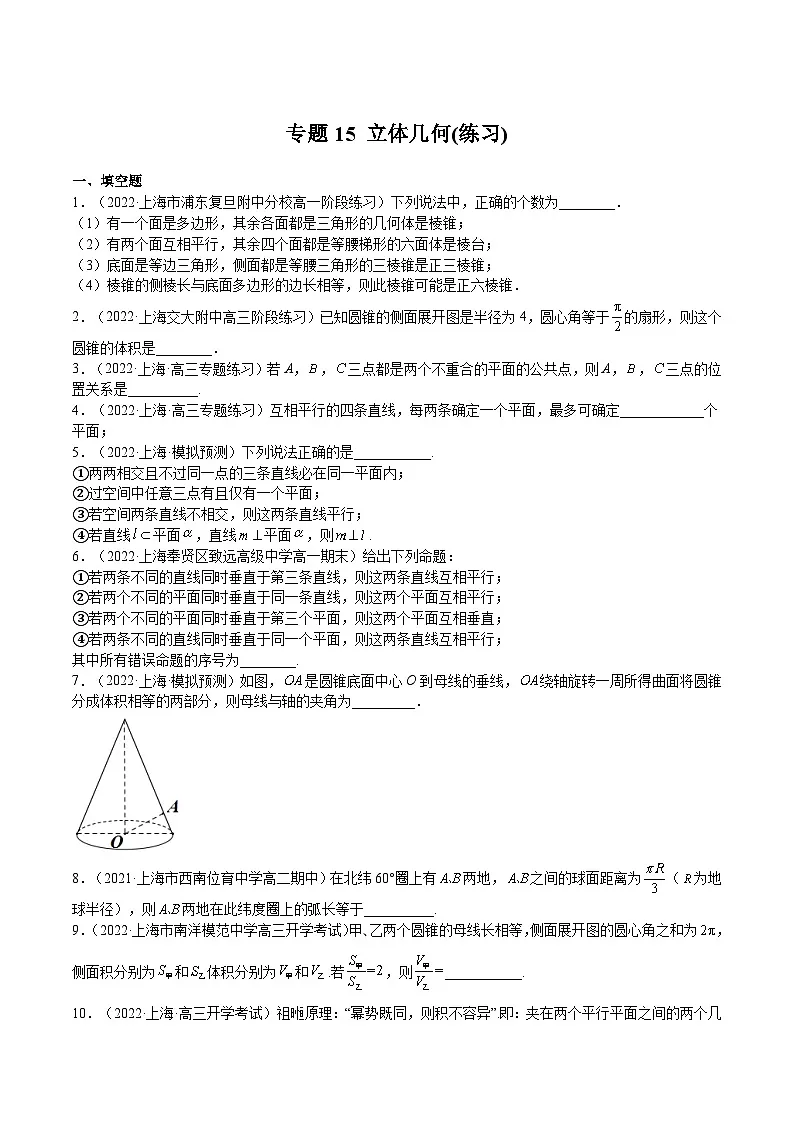 (上海专用)新高考数学一轮复习讲练测专题15 立体几何(练习)（原卷版）第1页