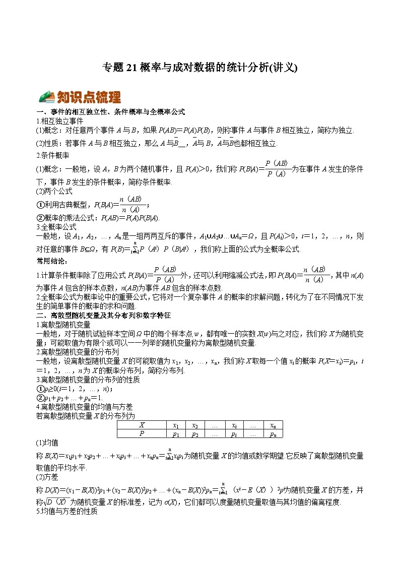 (上海专用)新高考数学一轮复习讲练测专题21  概率与成对数据的统计分析(讲义)（解析版）第1页