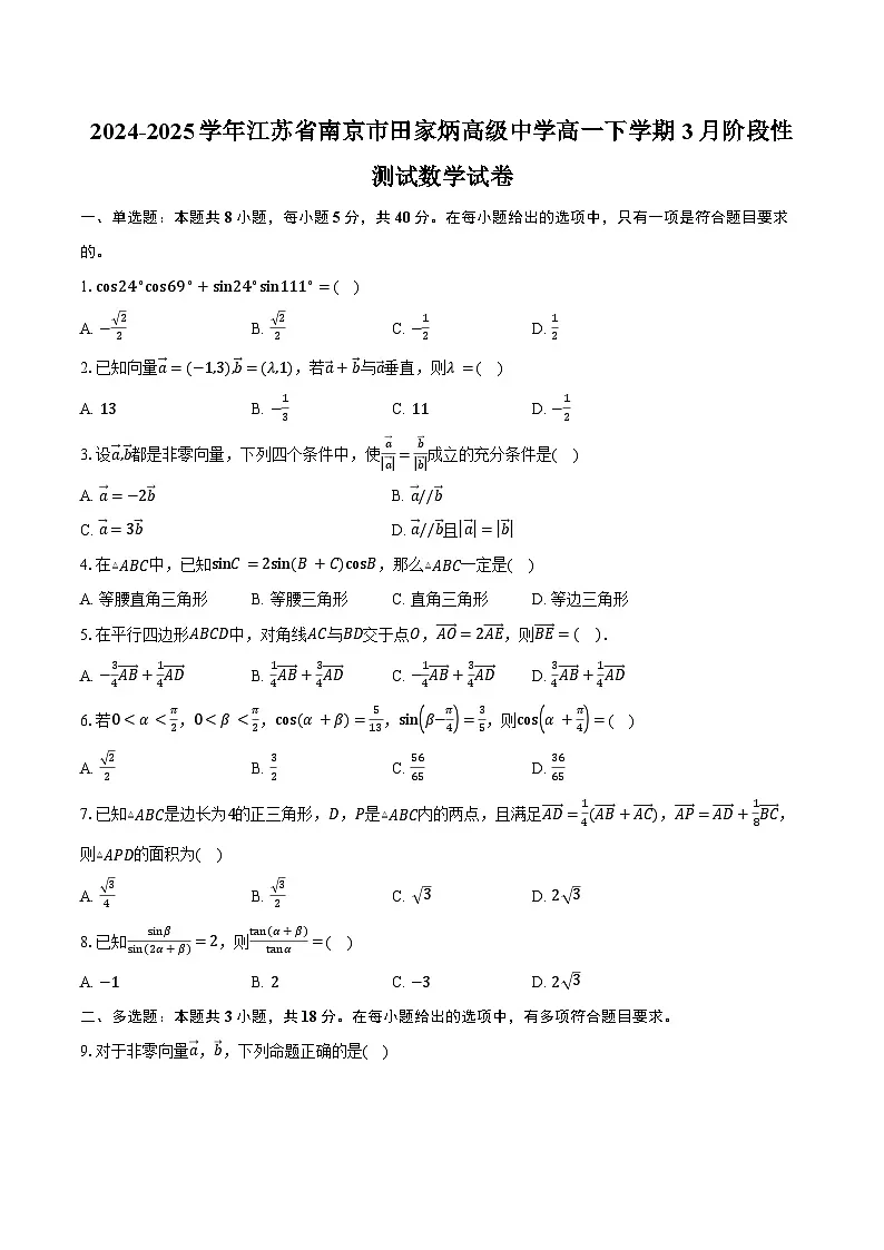 2024-2025学年江苏省南京市田家炳高级中学高一下学期3月阶段性测试数学试卷（含答案）第1页