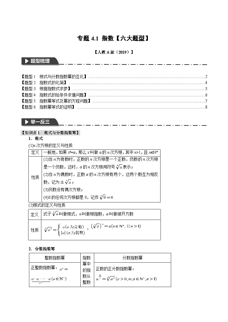 人教A版高中数学(必修第一册)题型归纳讲与练专题4.1 指数【六大题型】（解析版）第1页