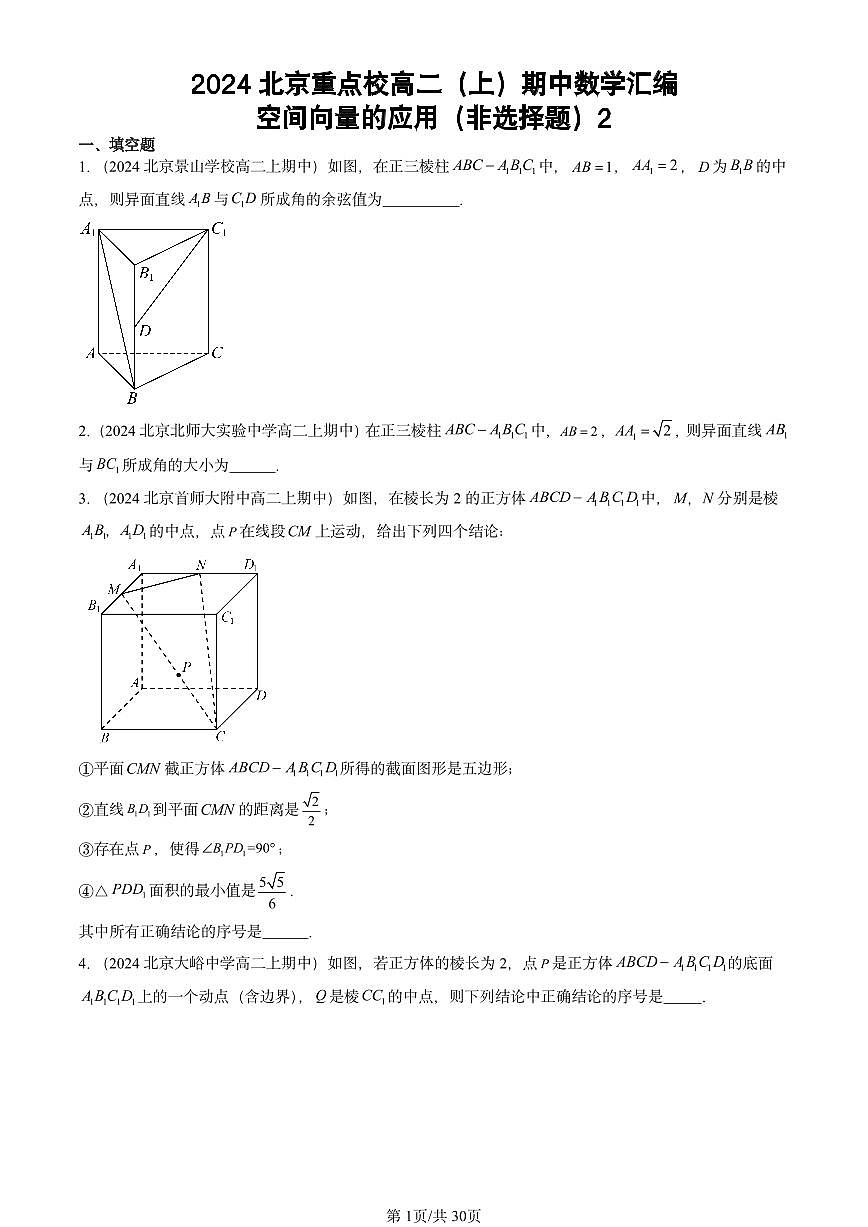 2024北京重点校高二（上）期中真题数学汇编：空间向量的应用（非选择题）2第1页