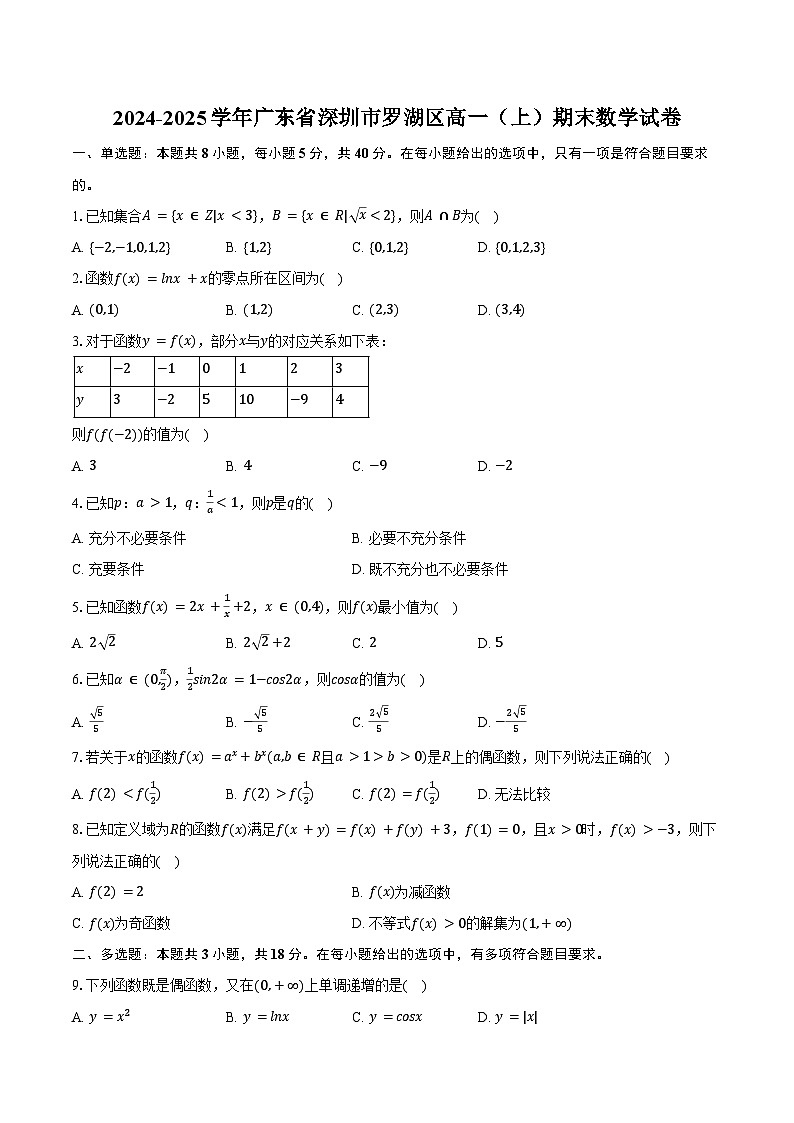 2024-2025学年广东省深圳市罗湖区高一（上）期末数学试卷（含答案）第1页