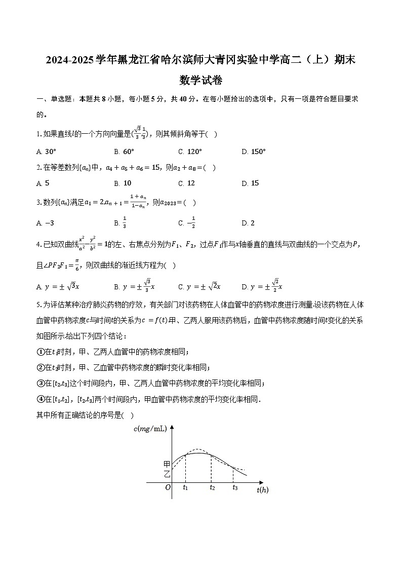 2024-2025学年黑龙江省绥化市哈尔滨师大青冈实验中学高二（上）期末数学试卷（含答案）第1页