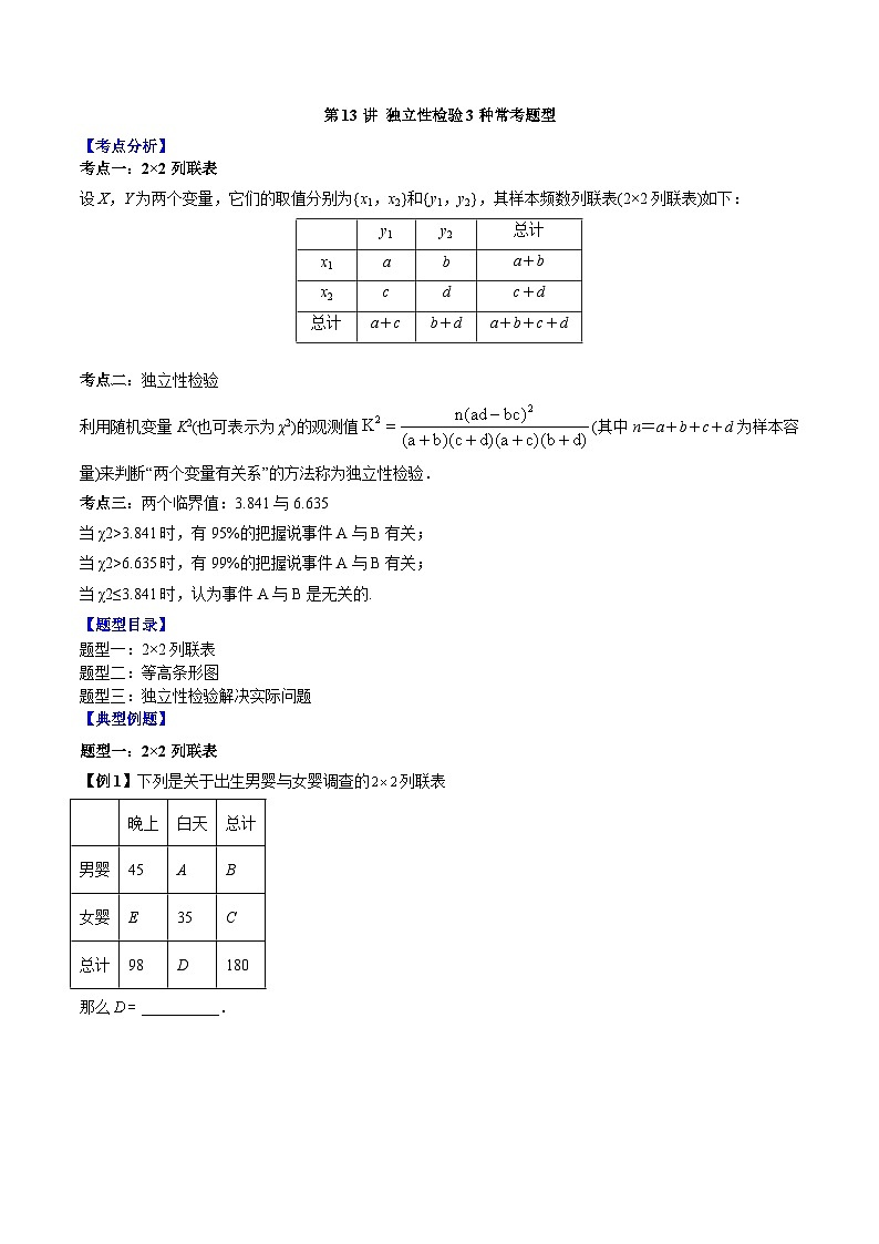 人教A版高中数学（选择性必修第三册）同步讲练第13讲 独立性检验3种常考题型（原卷版）第1页