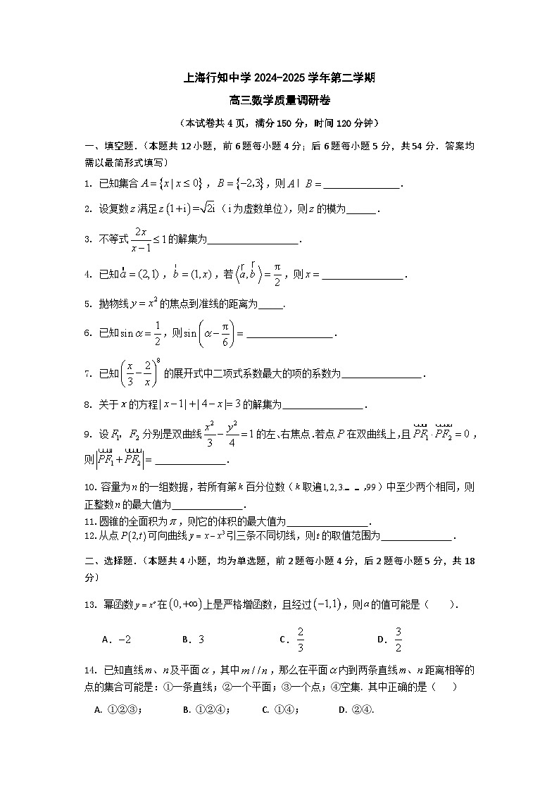 上海市行知中学2024-2025学年高三下学期3月质量调研数学试卷第1页