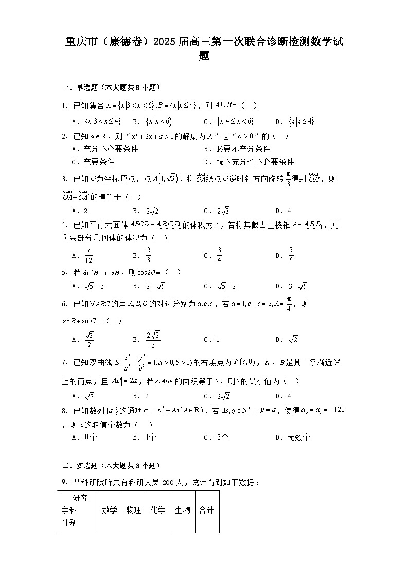 重庆市（康德卷）2025届高三第一次联合诊断检测数学试题第1页