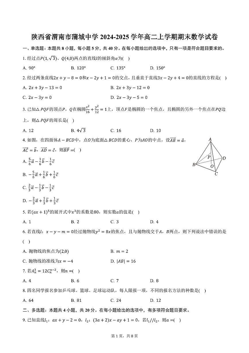 陕西省渭南市蒲城中学2024-2025学年高二上学期期末数学试卷（含答案）第1页