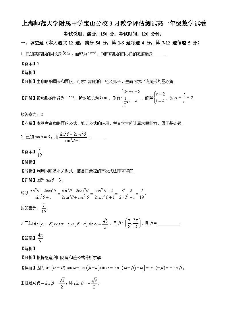 上海市宝山区上海师范大学附属中学宝山分校2024-2025学年高一下学期3月教学评估测试 数学试卷（含解析）第1页