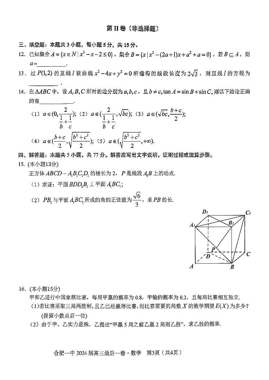 2024届安徽省合肥一中高三年级最后一卷-数学（含答案）第3页
