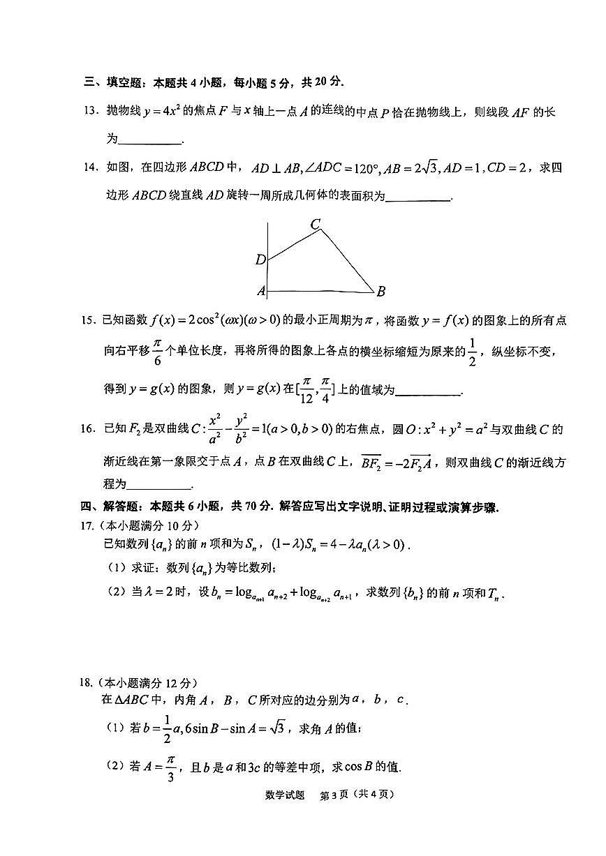 2024届安徽省六安市高三上(2月)-数学试题（含答案）第3页