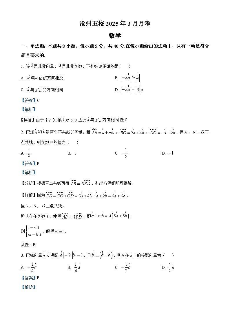 河北省沧州市沧州五校2024-2025学年高一下学期3月月考数学试题 Word版含解析第1页