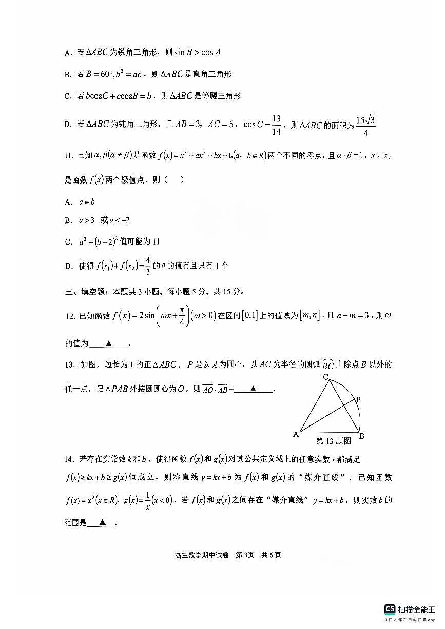 【数学试卷】江苏省苏州市2024-2025学年高三上学期11月期中调研数学试题第3页