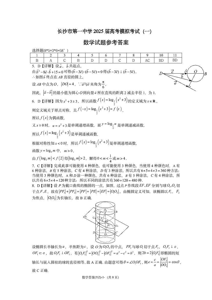 长沙市一中2025届高考一模数学答案第1页