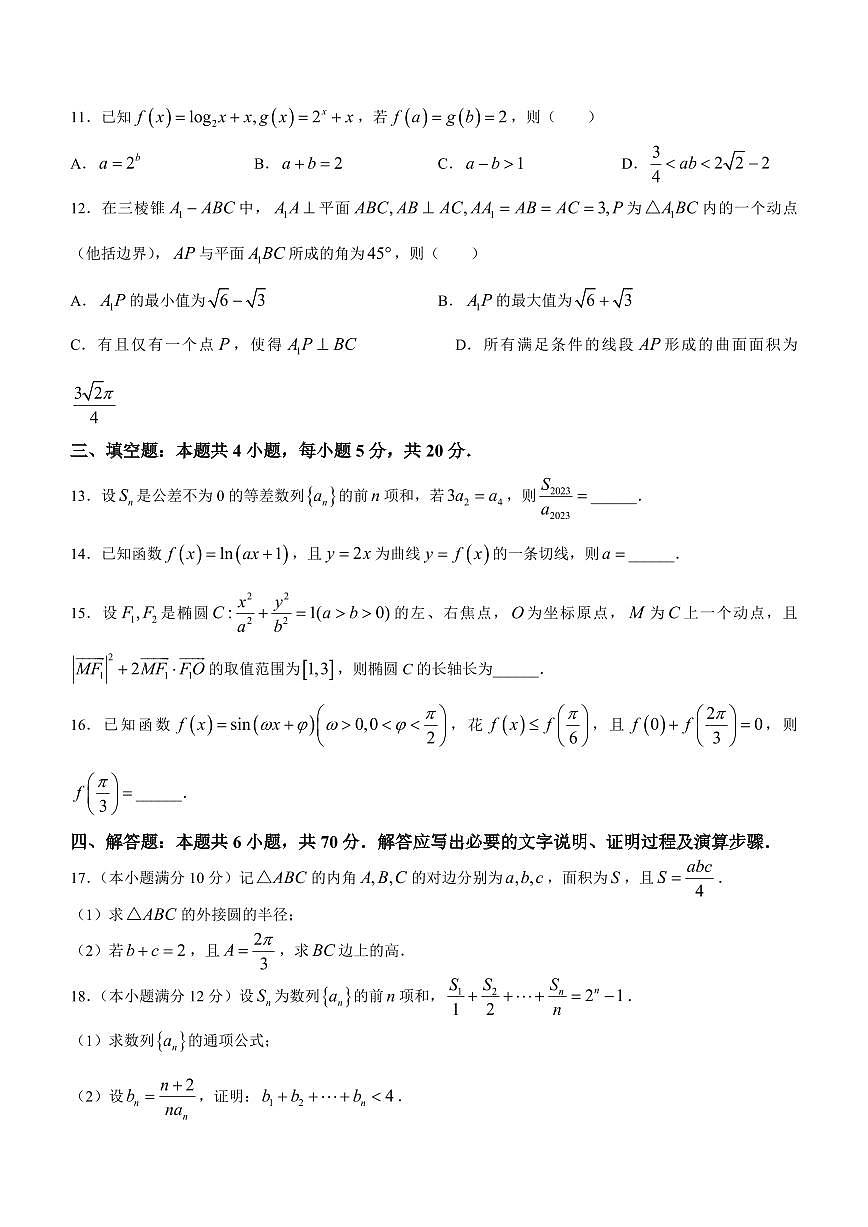 2024届福建省百校联考高三上学期12月联考试卷-数学试题（含答案）第3页