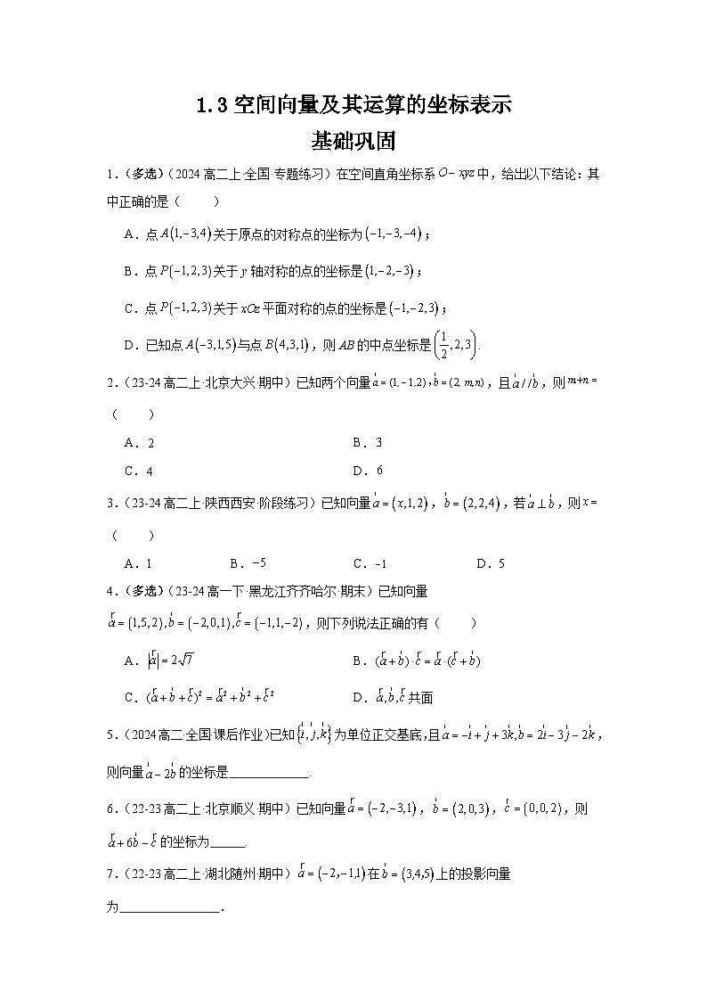 1.3空间向量及其运算的坐标表示（分层作业）（原卷版）第1页
