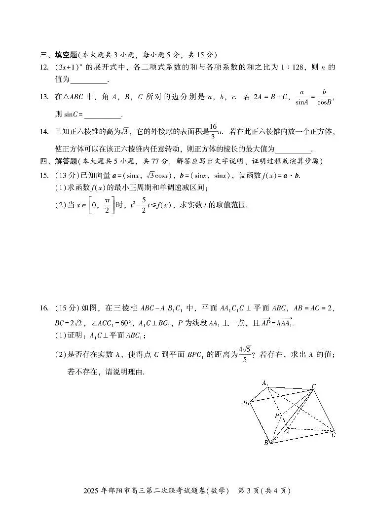 2025年邵阳市高三第二次联考数学试题（含答案）第3页