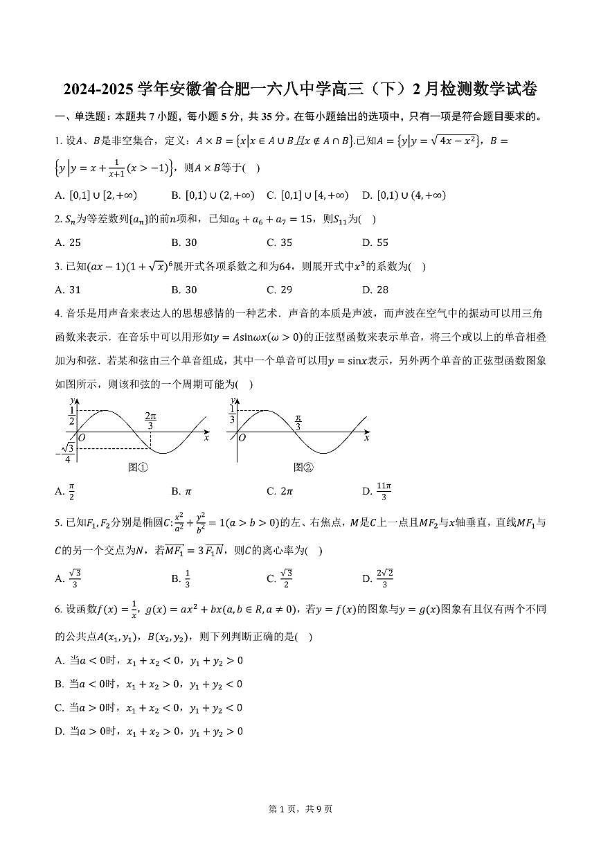 2024-2025学年安徽省合肥一六八中学高三（下）2月检测数学试卷（含答案）第1页