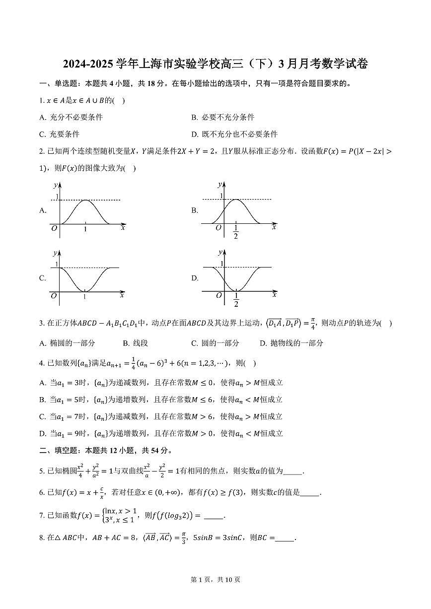 2024-2025学年上海市实验学校高三（下）3月月考数学试卷（含答案）第1页