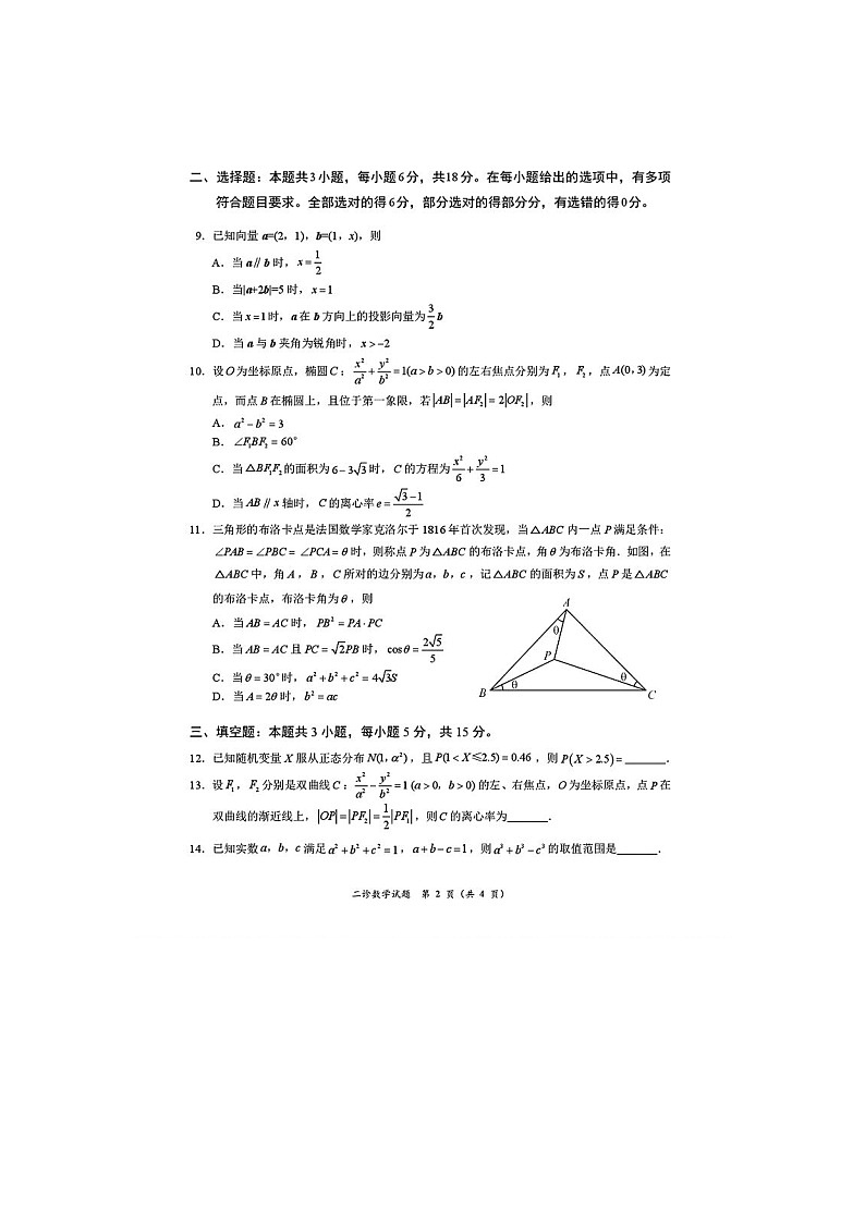 2024-2025学年下学期四川省宜宾市普通高中2025届3月第二次诊断性测试数学卷含答案第2页