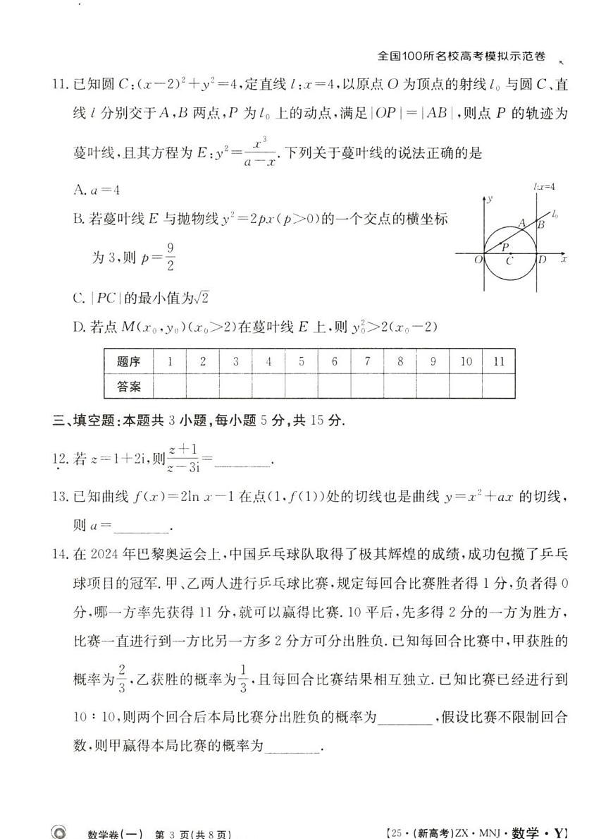 全国100所名校高考模拟示范卷（1）数学试题+答案第3页