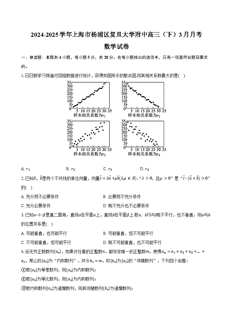 2024-2025学年上海市杨浦区复旦大学附中高三（下）月考数学试卷（3月份）(含答案）第1页