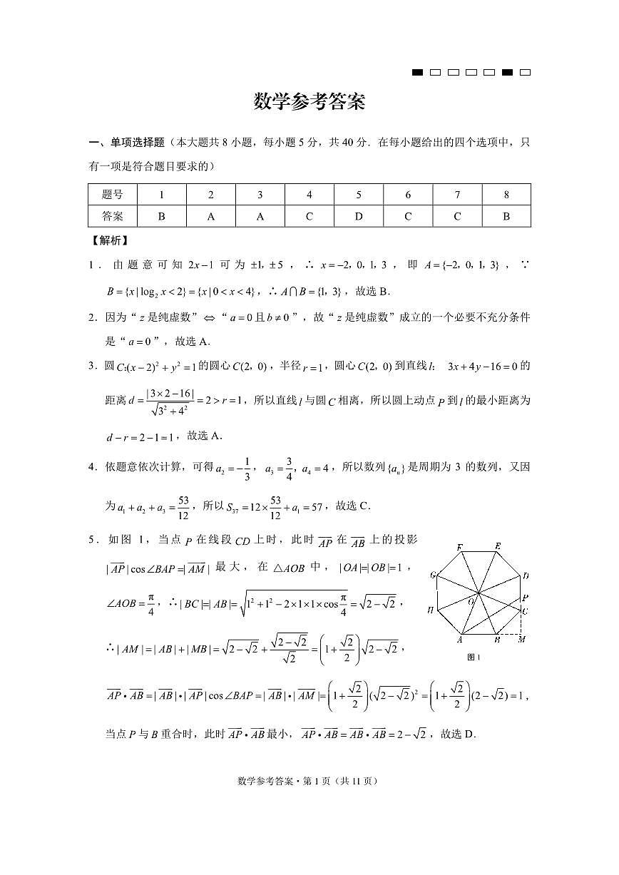 重庆市第八中学2025届高三3月适应性月考卷（六）数学答案第1页