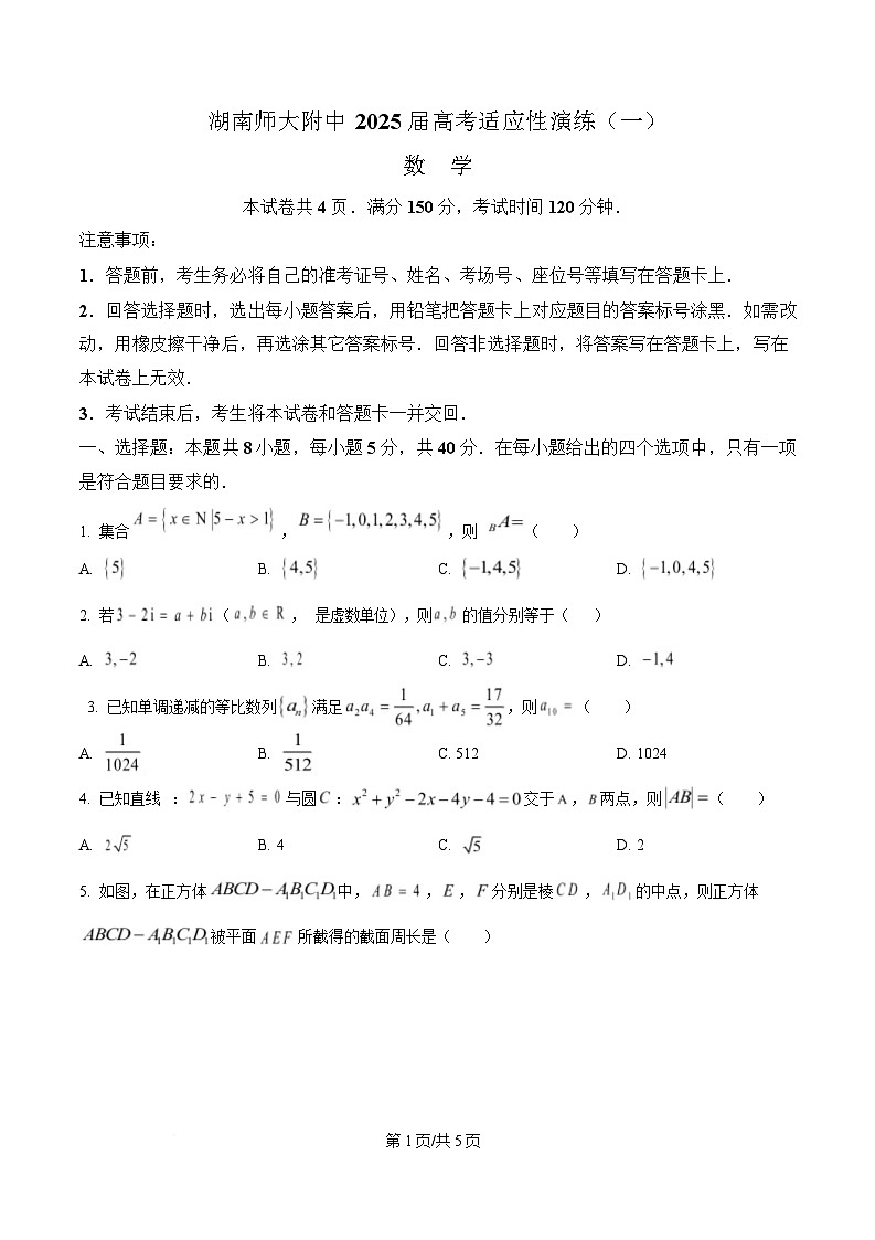 2025届湖南师范大学附属中学高三模拟考试一数学试题（原卷版）第1页