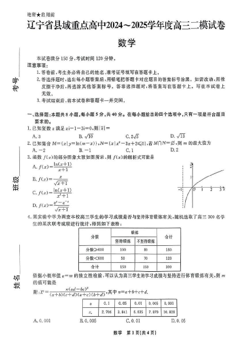 辽宁省县域重点联盟2025届高三高考模拟第二次模拟-数学试题+答案第1页