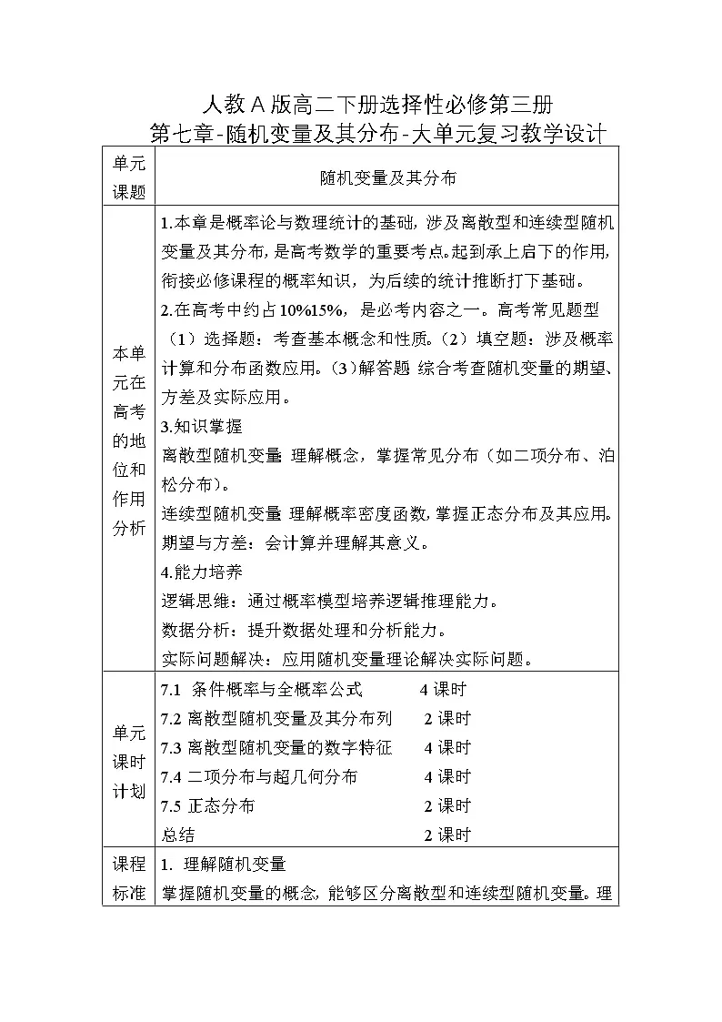 人教A版高二下册数学选择性必修第三册-第七章-随机变量及其分布-大单元复习【教学设计】第1页