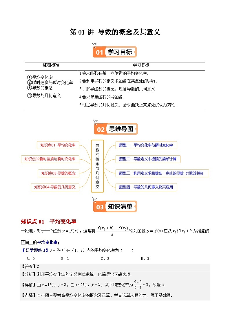 第01讲 导数的概念及其意义（4大知识点+4大必考题型+强化训练）解析版第1页