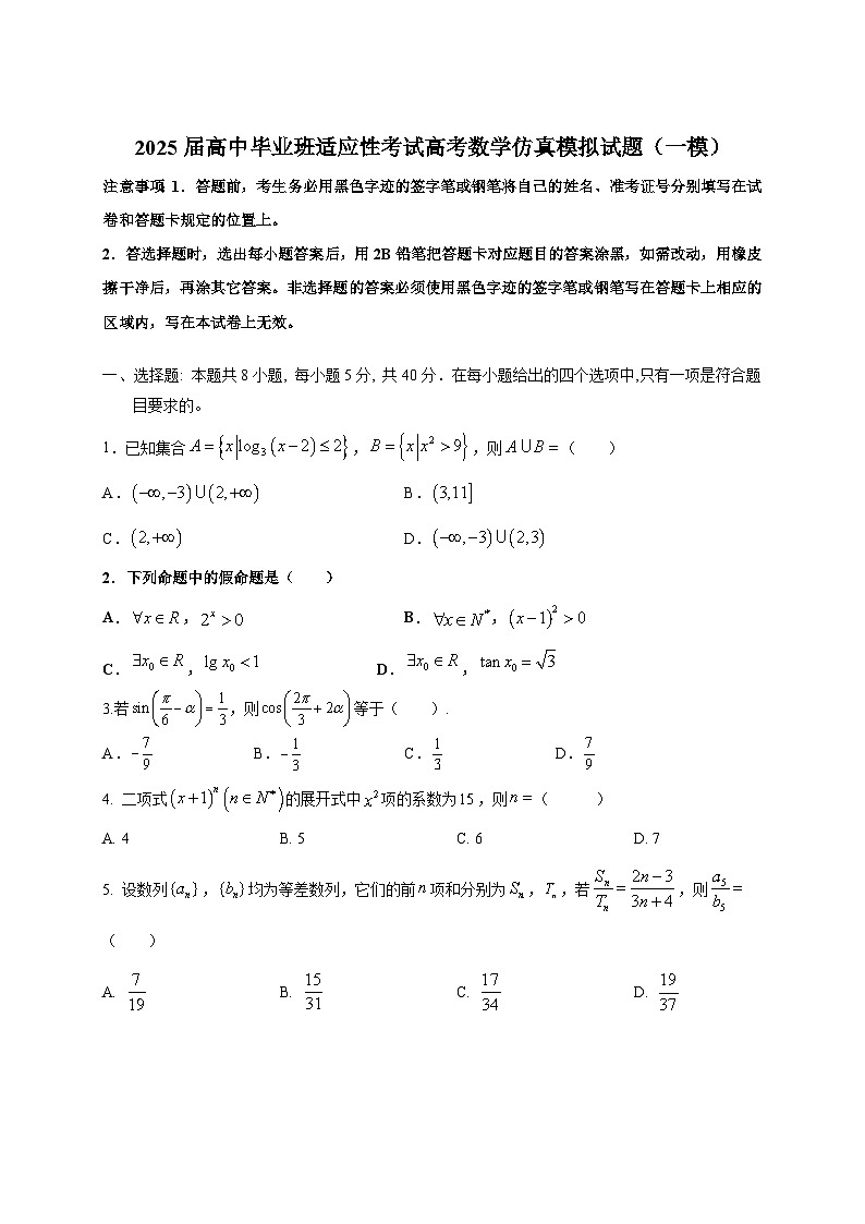 2025届高中毕业班适应性考试高考数学仿真模拟试题（一模）附答案第1页