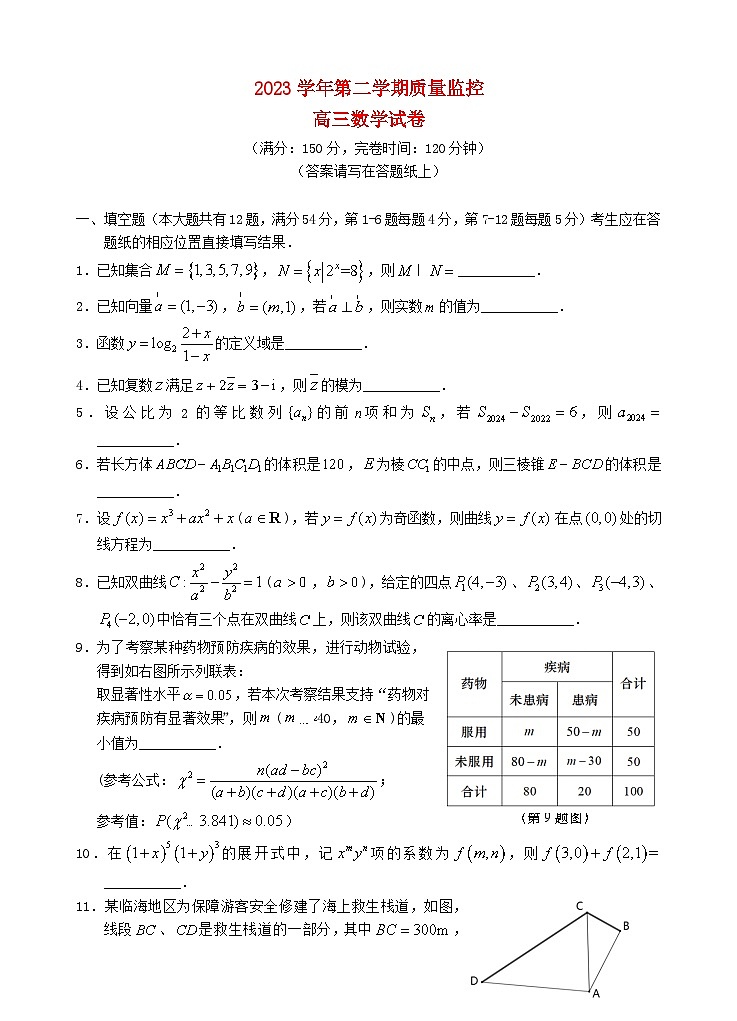 上海市金山区2024届高三数学下学期二模试题第1页