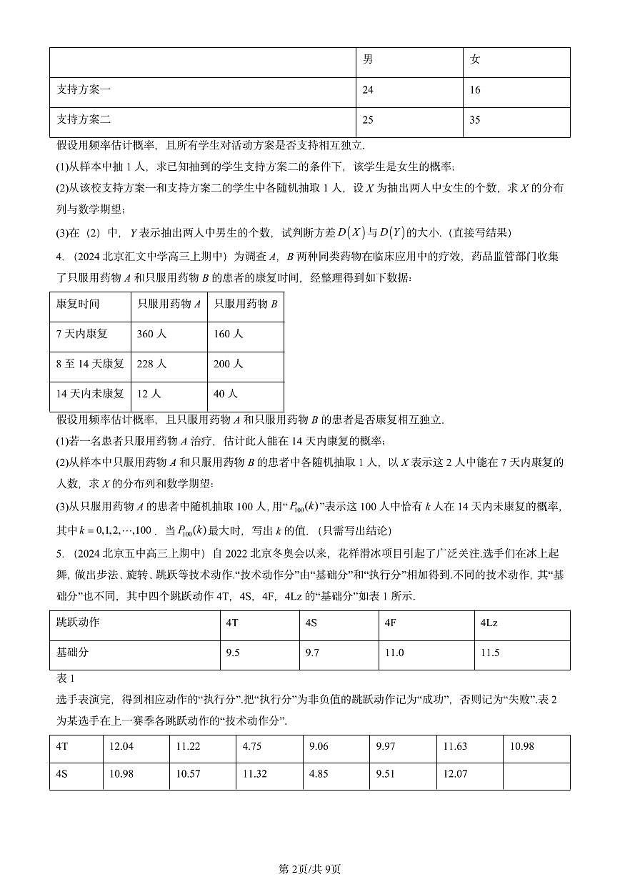 2024北京重点校高三（上）期中真题数学汇编：随机变量及其分布章节综合第2页