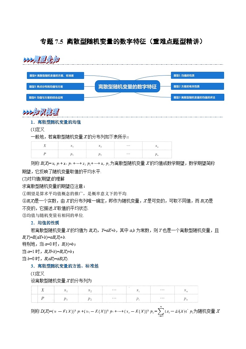 高考数学第二轮复习专题练习专题7.5 离散型随机变量的数字特征（重难点题型精讲）（教师版）第1页