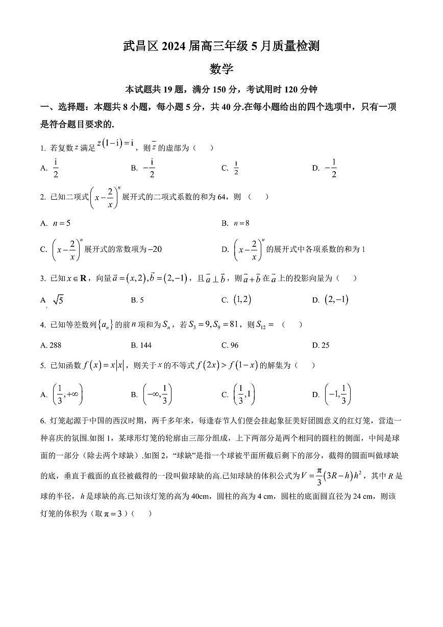 2024届湖北省武汉市武昌区高三二模-数学试卷（含答案）第1页