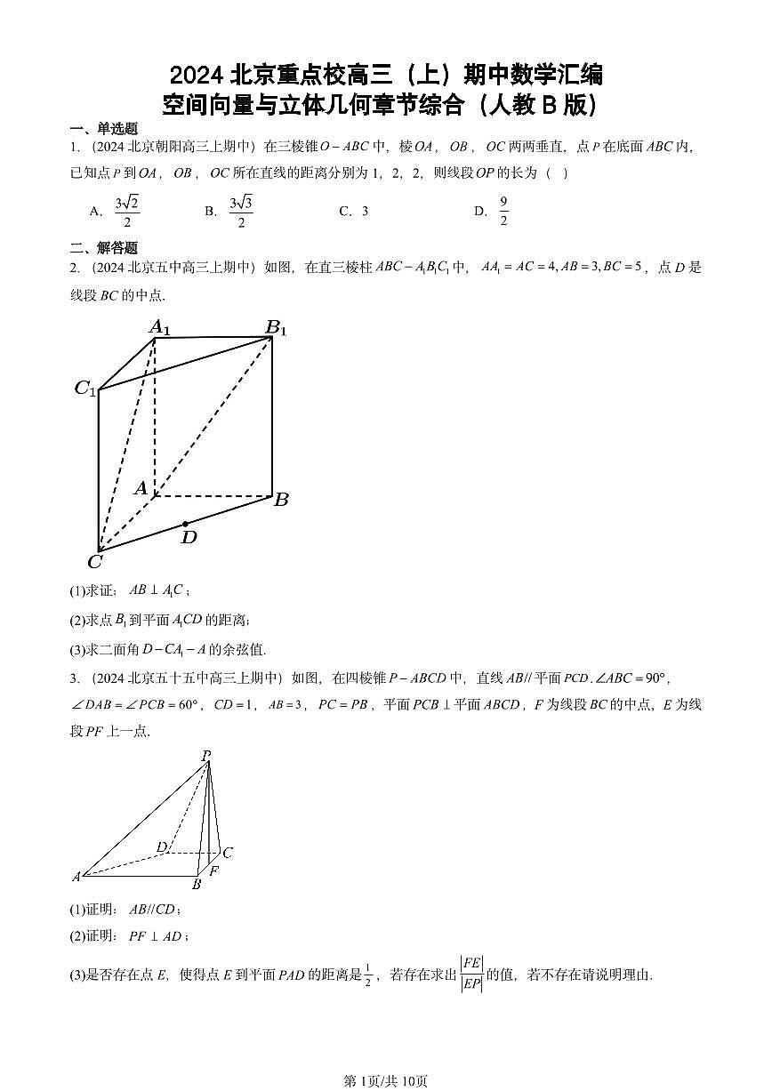 2024北京重点校高三（上）期中真题数学汇编：空间向量与立体几何章节综合（人教B版）第1页
