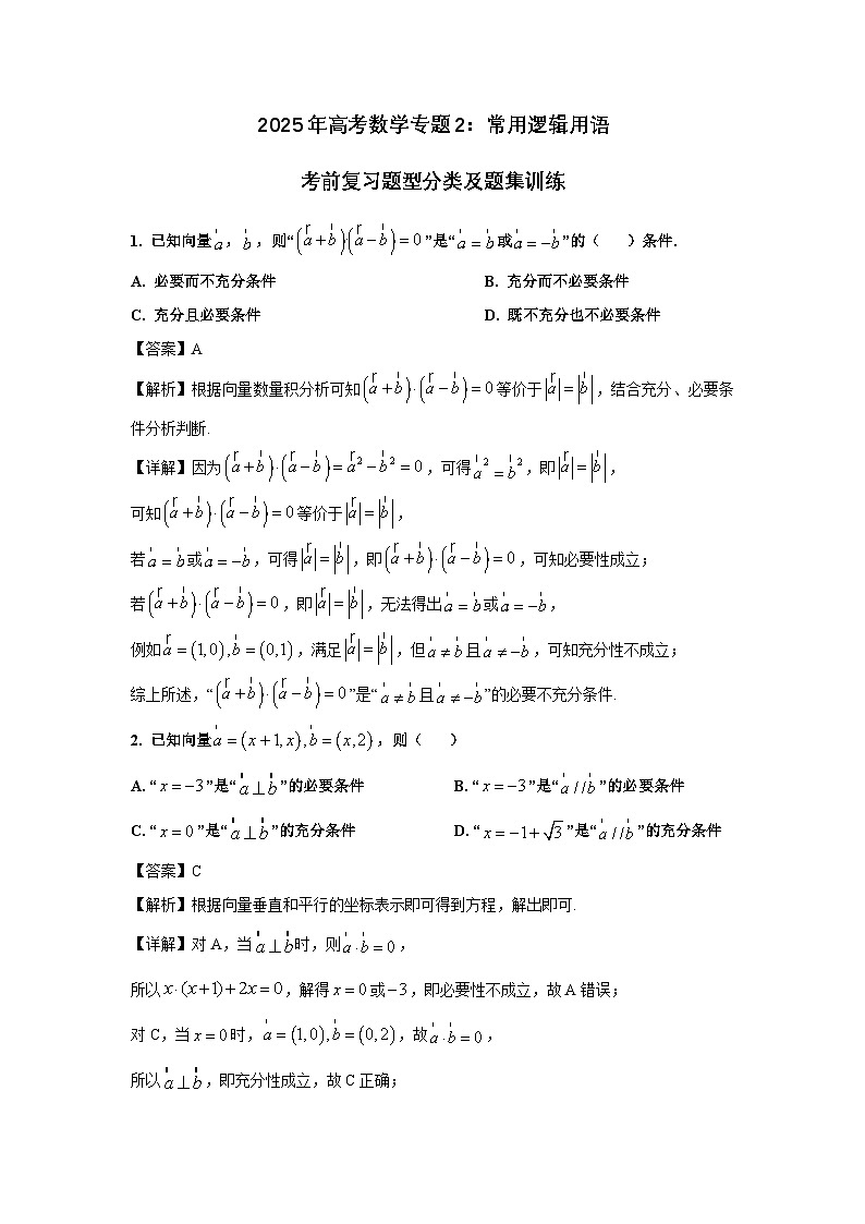 2025年高考数学专题2：常用逻辑用语——考前复习题型分类及题集训练（40题）含答案解析第1页