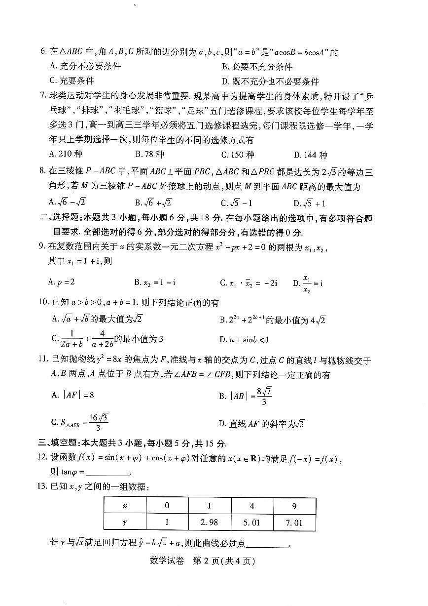 2024届湖北四调高三4月调研模拟考试-数学试卷（含答案）第2页