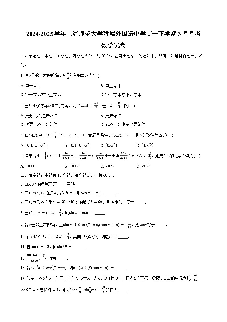 2024-2025学年上海师范大学附属外国语中学高一下学期3月月考数学试卷（含答案）第1页