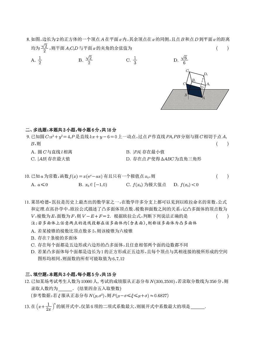 广东省深圳中学2025届高三二轮二阶测试数学试卷PDF版含答案第2页