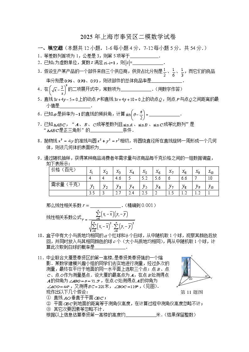2025年上海市奉贤区二模数学试卷第1页