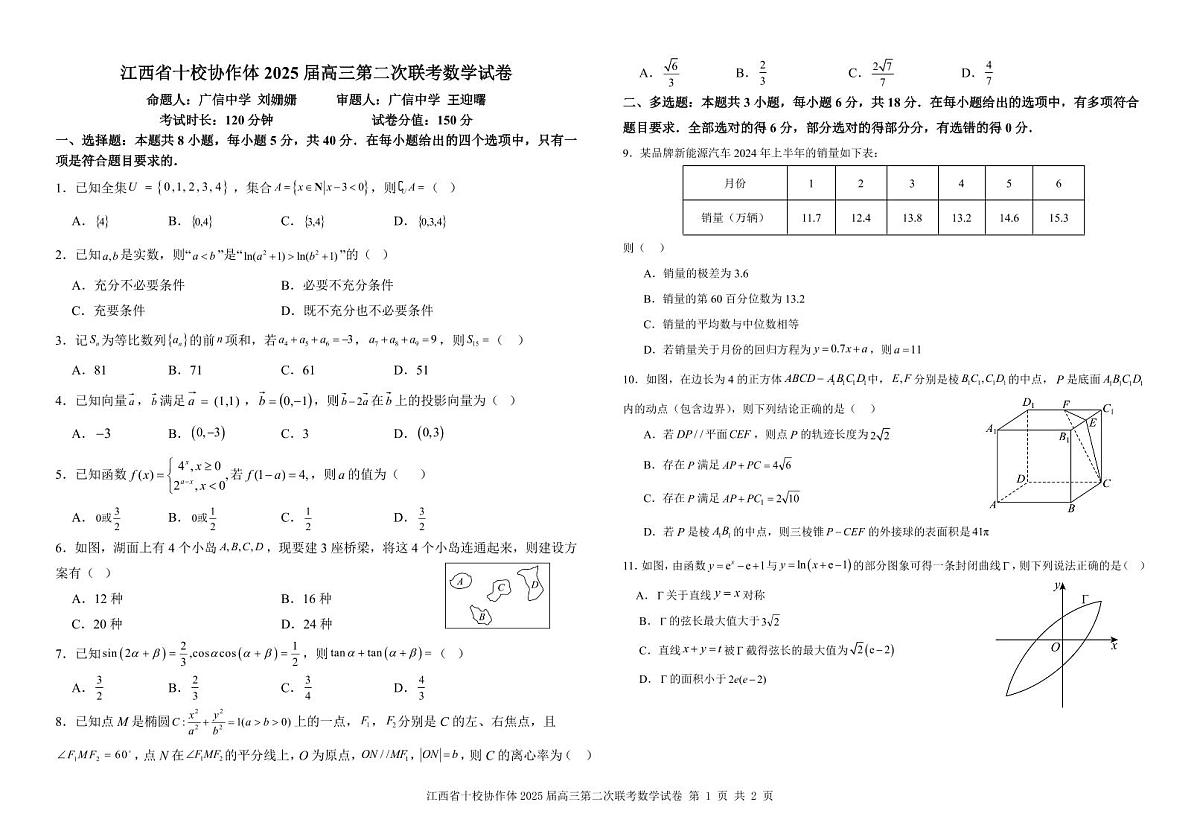 江西省十校协作体 2025 届高三第二次联考数学试卷第1页