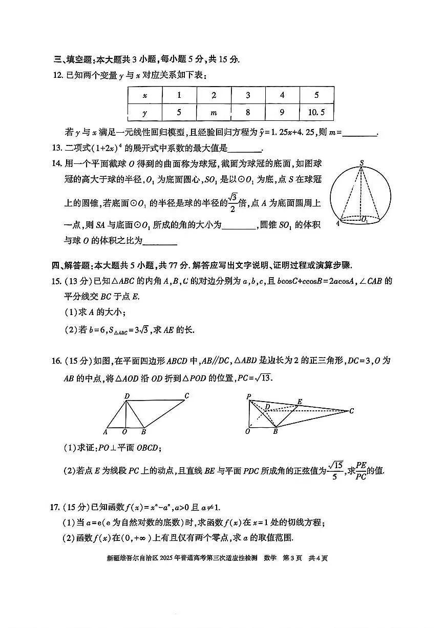 2025届新疆维吾尔自治区高三下学期高考第三次适应性检测数学试卷（含答案）第3页