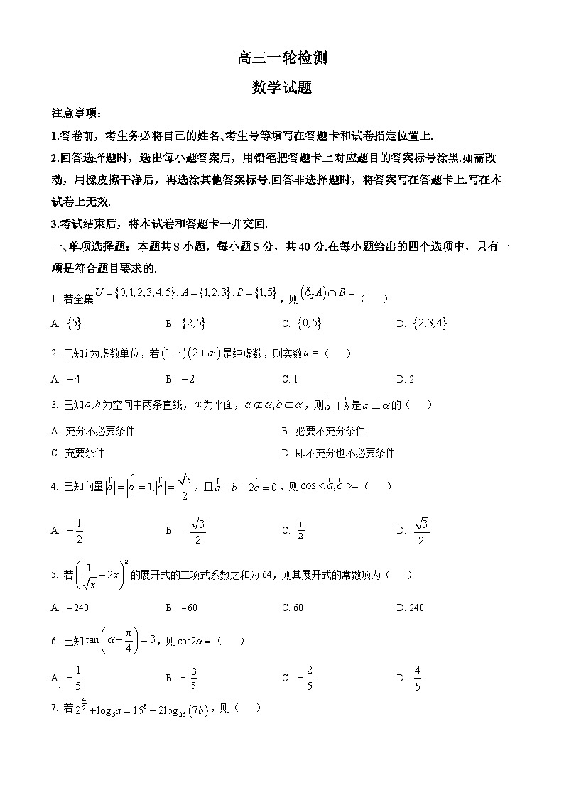 山东省泰安市2025届高三下学期一轮检测数学试题  Word版无答案第1页