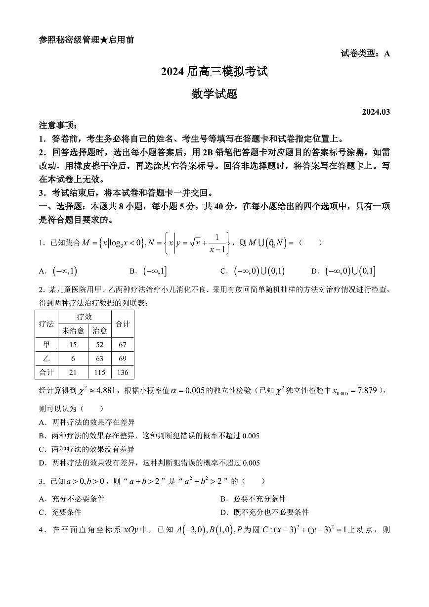 2024届山东省枣庄市高三二模-数学试卷（含答案）第1页