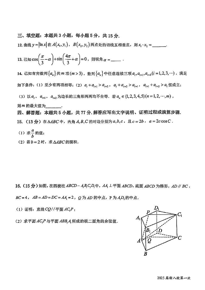 江西省新八校2025届高三第一次联考数学试卷（含答案）第3页